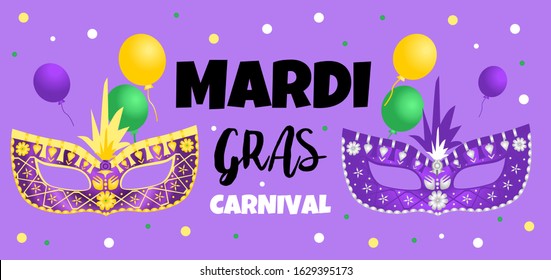 Mardi Gras carnival. Greeting card with ballons and mask. Masquerade party. Carnaval background for poster, postcard, party invitation or banner. Vector Illustration.	