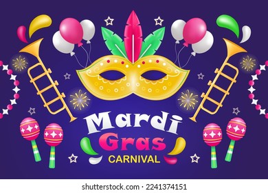 Carnaval de Mardi Gras. ilustración de máscaras 3d, maracas, trompetas y adornos de fuegos artificiales