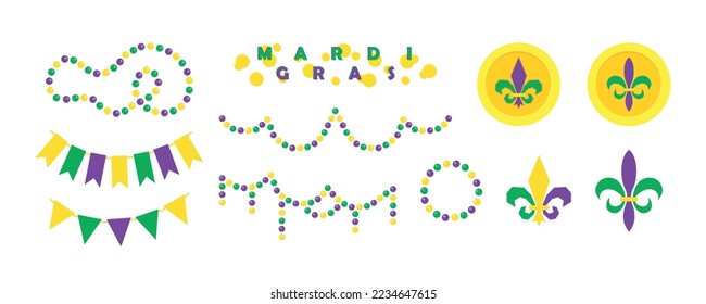 Mardi Gras carnival illustration set,  decorative elements for festival or masquerade. Beads and throws, festive pennants and fleur de lis. Shrove Tuesday, Fat Tuesday, celebration and march parade.