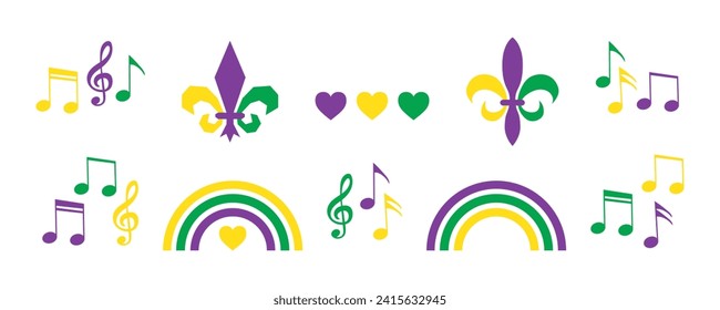 Mardi Gras carnival illustrations set,  separate festive elements for festival, masquerade. Musical notes, symbol and sign fleur de lis. Shrove Tuesday, Fat Tuesday, celebration and march parade. 