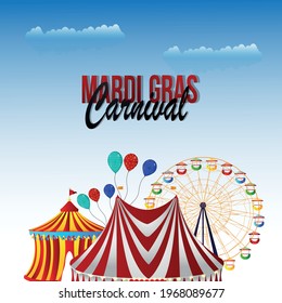 Mardi gras or carnival invitation background with creative circus tent house and funfair on creative background