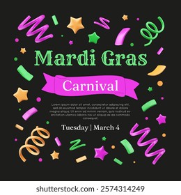 Mardi Gras carnival invitation template with 3D party popper. Firecracker of confetti, plastic serpentine, inflated stars and squiggles. Vector celebrate illustration. Event background. Festival card.