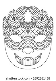 Mardi Gras carnival jester venetian mask coloring page vector. Fat Tuesday festival joker character black outline isolated on white. Funny ornamental masquerade face black and white illustration