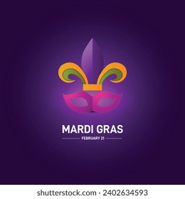 Mardi Gras. Carnival Mardi Gras label with masquerade mask, feathers.