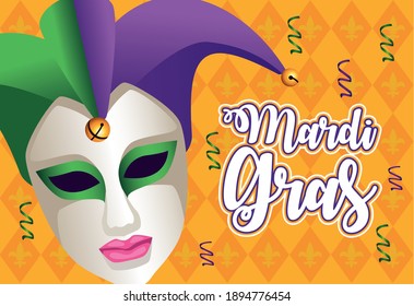 mardi gras carnival lettering with jester female mask vector illustration design