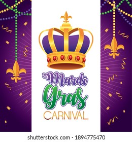 mardi gras carnival lettering with queen crown vector illustration design