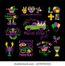 Mardi Gras carnival lettering quotes set, design element , flat style. Collection Mardi Gras inscriptions. Mardi Gras queen king, peace love Mardi Gras