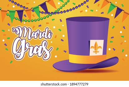 mardi gras carnival lettering with tophat and garlands vector illustration design