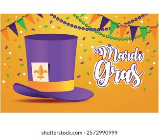 mardi gras carnival lettering with tophat and garlands vector illustration