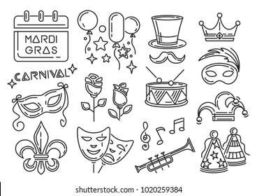 Mardi Gras carnival line icons set. Icon collection for Mardi Gras also called Shrove Tuesday or Fat Tuesday. Vector illustration