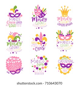 Mardi Gras carnival logo original design set, hand drawn colorful vector Illustrations