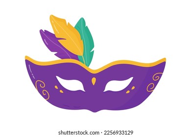 Mardi Gras carnival mask with feathers in flat style isolated on white background. Festive element for holiday