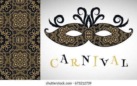Mardi Gras carnival Mask with golden ornament and colorful doodle seamless pattern. Decorative isolated design elements for card or invitation. Carnival mask icon with decorative feathers