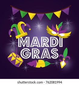 mardi gras carnival mask hat drum with glitter texture invitation