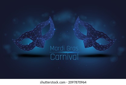 Carnaval de Mardi Gras enmascarando un alambre de baja polilla. Banner de la fiesta de mascarada, sobre fondo azul oscuro. Arte de malla de alambre poligonal, bajo polilla. plexo