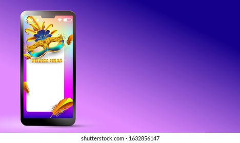 Mardi gras carnival mask in mobile phone or smartphone. Use for poster greeting card, web, flyer, banner, ad, ads. - Vector