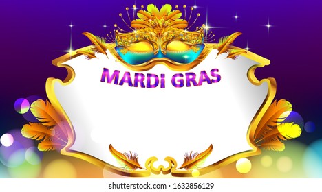 Mardi gras carnival mask poster background with copy space for text. Bokeh effect for celebration greeting card, banner, flyer. - Vector