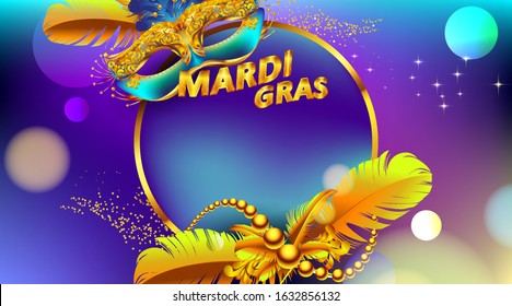 Mardi gras carnival mask poster with circle frame for copy space text. Use for poster greeting card, web, flyer, banner. - Vector