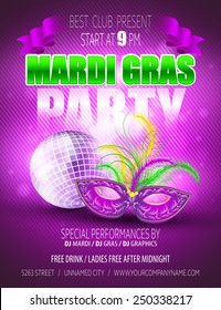 Mardi Gras carnival mask. Poster template. Vector illustration.