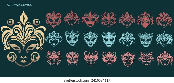 Mardi Gras carnival mask vector, masquerade masks, for party, parade and carnival, for Mardi Gras and Halloween. Mask elements can be used as isolated sign, symbol or icon, traditional mask