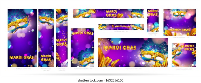 Mardi gras carnival mask web banner ad poster background with bokeh effect for celebration greeting card, banner, flyer. - Vector