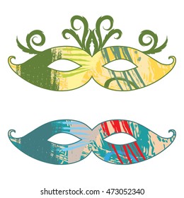 Mardi Gras carnival Masks collection with abstract art painting. Decorative design elements for card or invitation. Isolated on white background. Carnival masks icons set with decorative feathers