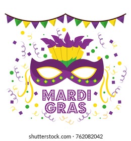 mardi gras carnival masks with feathers garland confetti decoration white background