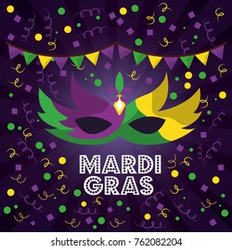 mardi gras carnival masks with feathers pennant confetti streamers