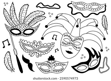 Mardi gras carnival masks hand drawn sketch set