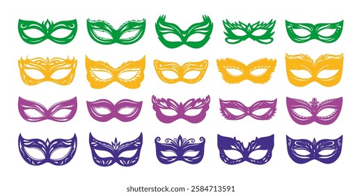 Mardi Gras Carnival masks silhouettes. Simple colorful icons of masquerade masks, for party, parade and carnival, for Mardi Gras and Halloween. Green, yellow and purple traditional Mask elements.