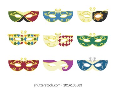 Mardi gras Carnival masks vector illustration. Masquerade party traditional Venice costume. Mystery theatre isolated design set
