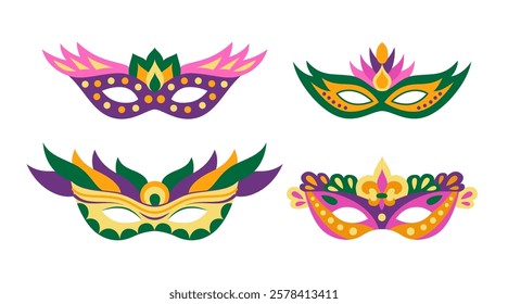 Mardi Gras carnival masks vector set isolated on white. Venetian colorful fancy masks for party