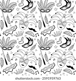 Mardi gras carnival masks vector hand drawn seamless pattern