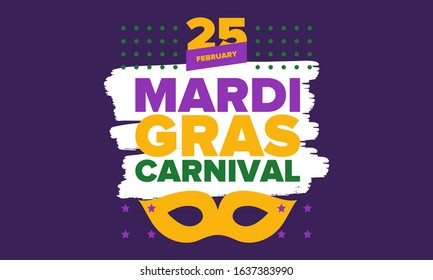 Mardi Gras Carnival in New Orleans. Fat Tuesday. Traditional holiday, celebration annual. Folk festival, costume masquerade, fun party. Carnival mask. Poster, card, banner and background. Vector illus