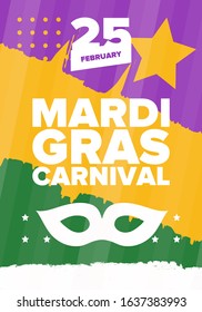 Mardi Gras Carnival in New Orleans. Fat Tuesday. Traditional holiday, celebration annual. Folk festival, costume masquerade, fun party. Carnival mask. Poster, card, banner and background. Vector illus