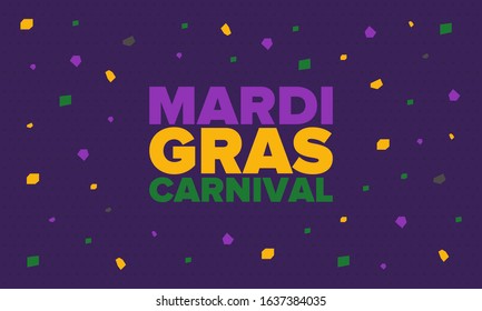 Mardi Gras Carnival in New Orleans. Fat Tuesday. Traditional holiday, celebration annual. Folk festival, costume masquerade, fun party. Carnival mask. Poster, card, banner and background. Vector illus