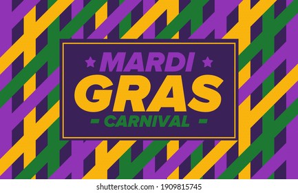 Mardi Gras Carnival in New Orleans. Fat Tuesday. Traditional holiday, celebration annual. Folk festival, costume masquerade, fun party. Carnival mask. Poster, card, banner and background. Vector