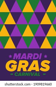 Mardi Gras Carnival in New Orleans. Fat Tuesday. Traditional holiday, celebration annual. Folk festival, costume masquerade, fun party. Carnival mask. Poster, card, banner and background. Vector