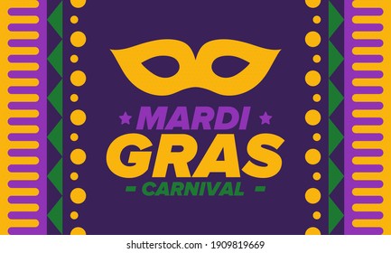 Mardi Gras Carnival in New Orleans. Fat Tuesday. Traditional holiday, celebration annual. Folk festival, costume masquerade, fun party. Carnival mask. Poster, card, banner and background. Vector