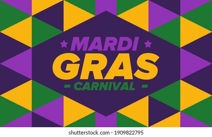Mardi Gras Carnival in New Orleans. Fat Tuesday. Traditional holiday, celebration annual. Folk festival, costume masquerade, fun party. Carnival mask. Poster, card, banner and background. Vector