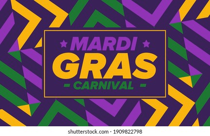 Mardi Gras Carnival in New Orleans. Fat Tuesday. Traditional holiday, celebration annual. Folk festival, costume masquerade, fun party. Carnival mask. Poster, card, banner and background. Vector