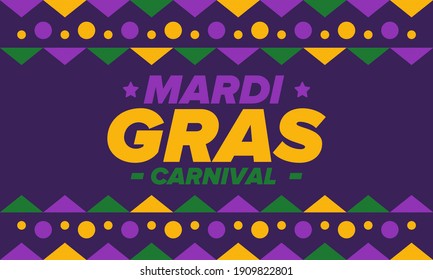 Mardi Gras Carnival in New Orleans. Fat Tuesday. Traditional holiday, celebration annual. Folk festival, costume masquerade, fun party. Carnival mask. Poster, card, banner and background. Vector
