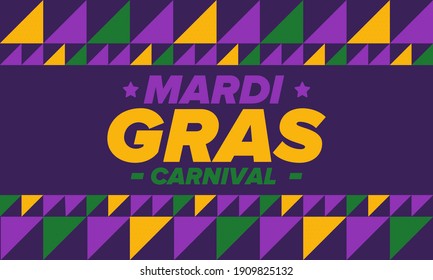 Mardi Gras Carnival in New Orleans. Fat Tuesday. Traditional holiday, celebration annual. Folk festival, costume masquerade, fun party. Carnival mask. Poster, card, banner and background. Vector