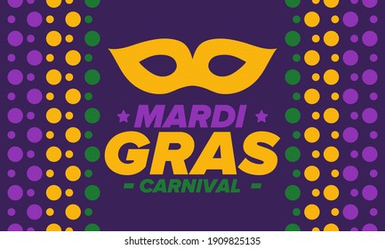 Mardi Gras Carnival in New Orleans. Fat Tuesday. Traditional holiday, celebration annual. Folk festival, costume masquerade, fun party. Carnival mask. Poster, card, banner and background. Vector