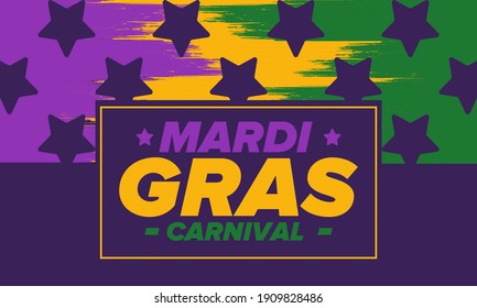 Mardi Gras Carnival in New Orleans. Fat Tuesday. Traditional holiday, celebration annual. Folk festival, costume masquerade, fun party. Carnival mask. Poster, card, banner and background. Vector