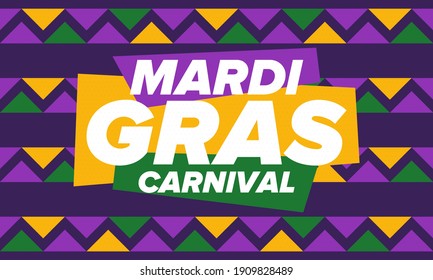 Mardi Gras Carnival In New Orleans. Fat Tuesday. Traditional Holiday, Celebration Annual. Folk Festival, Costume Masquerade, Fun Party. Carnival Mask. Poster, Card, Banner And Background. Vector