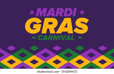Mardi Gras Carnival in New Orleans. Fat Tuesday. Traditional holiday, celebration annual. Folk festival, costume masquerade, fun party. Carnival mask. Poster, card, banner and background. Vector