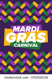 Mardi Gras Carnival in New Orleans. Fat Tuesday. Traditional holiday, celebration annual. Folk festival, costume masquerade, fun party. Carnival mask. Poster, card, banner and background. Vector