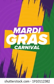 Mardi Gras Carnival in New Orleans. Fat Tuesday. Traditional holiday, celebration annual. Folk festival, costume masquerade, fun party. Carnival mask. Poster, card, banner and background. Vector