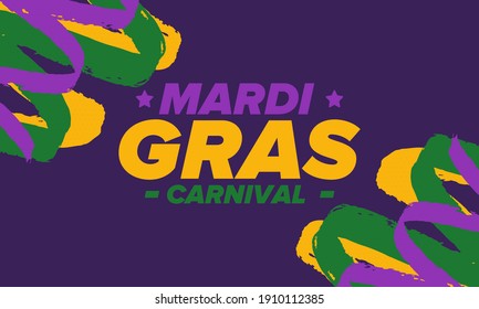 Mardi Gras Carnival in New Orleans. Fat Tuesday. Traditional holiday, celebration annual. Folk festival, costume masquerade, fun party. Carnival mask. Poster, card, banner and background. Vector